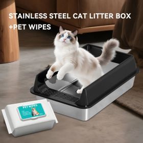 Thickened stainless steel open cat litter box, anti sticking and odorless, comes with a front sand blocking pedal, and comes with special cleanin (Option: Black  L20)